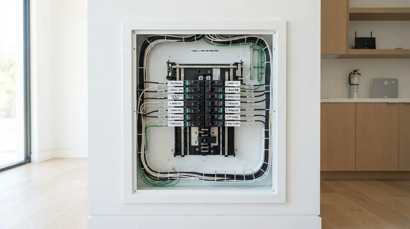 Cuadro eléctrico residencial abierto durante una revisión profesional
