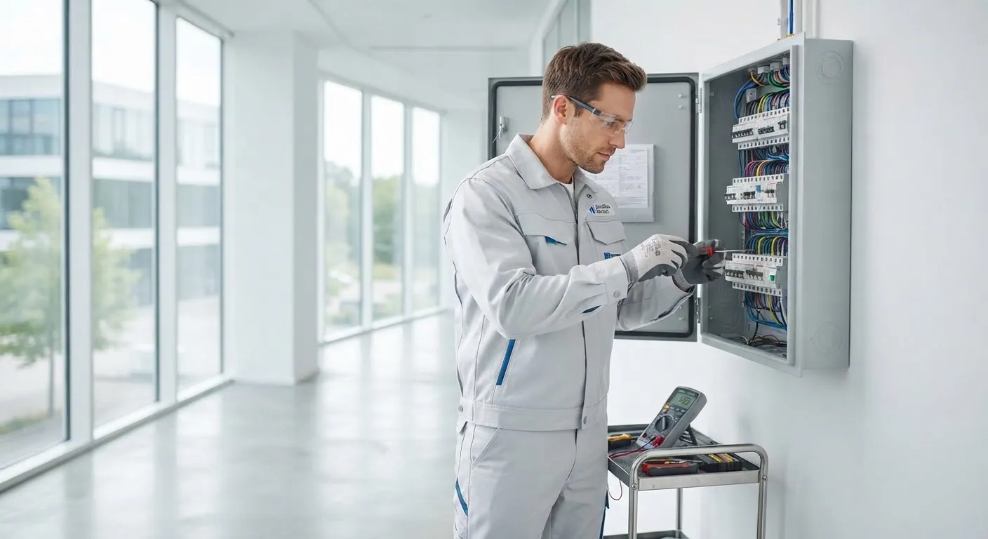 Electricista trabajando en un cuadro eléctrico en una instalación moderna
